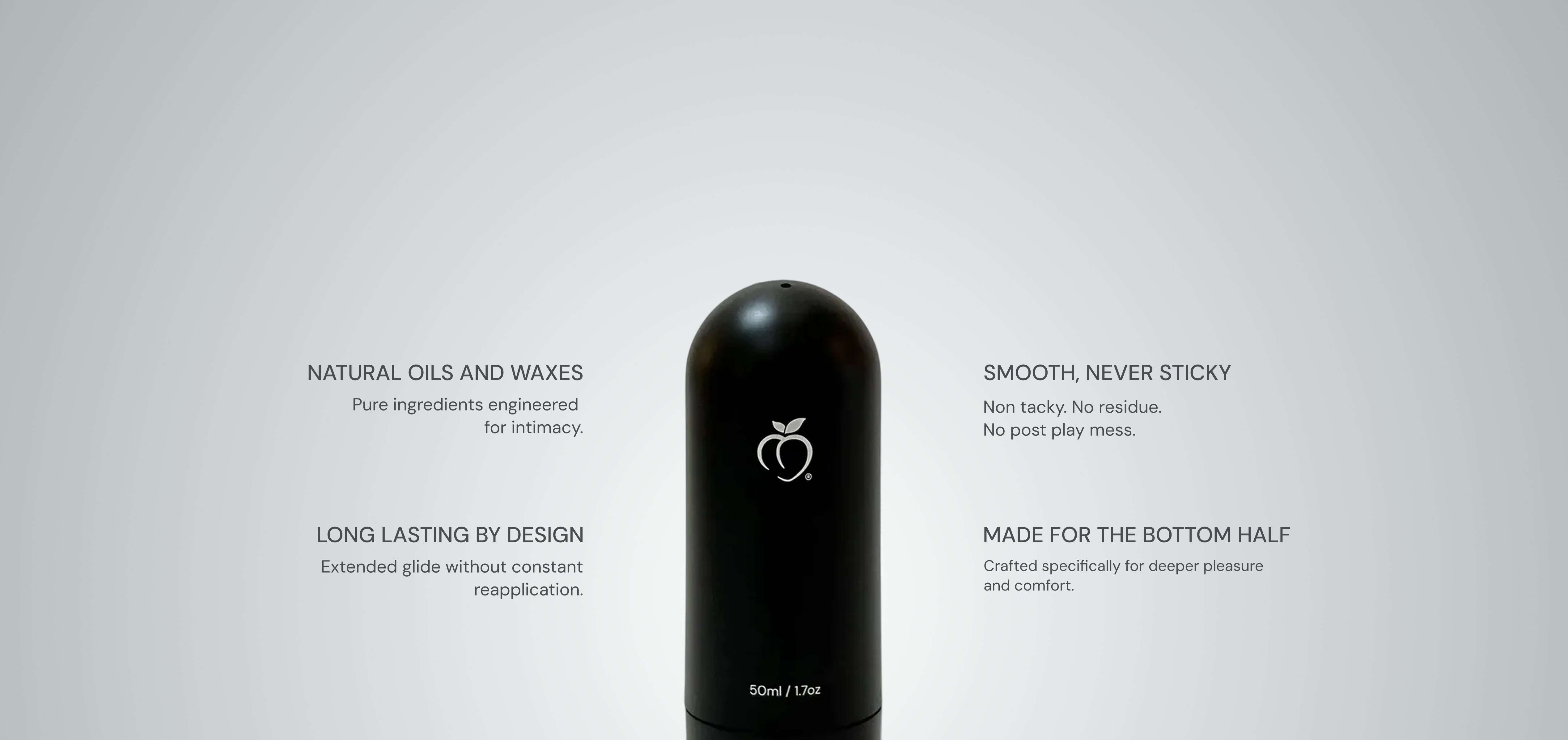 Black BUM OIL bottle on grey background with BUM OIL's features listed