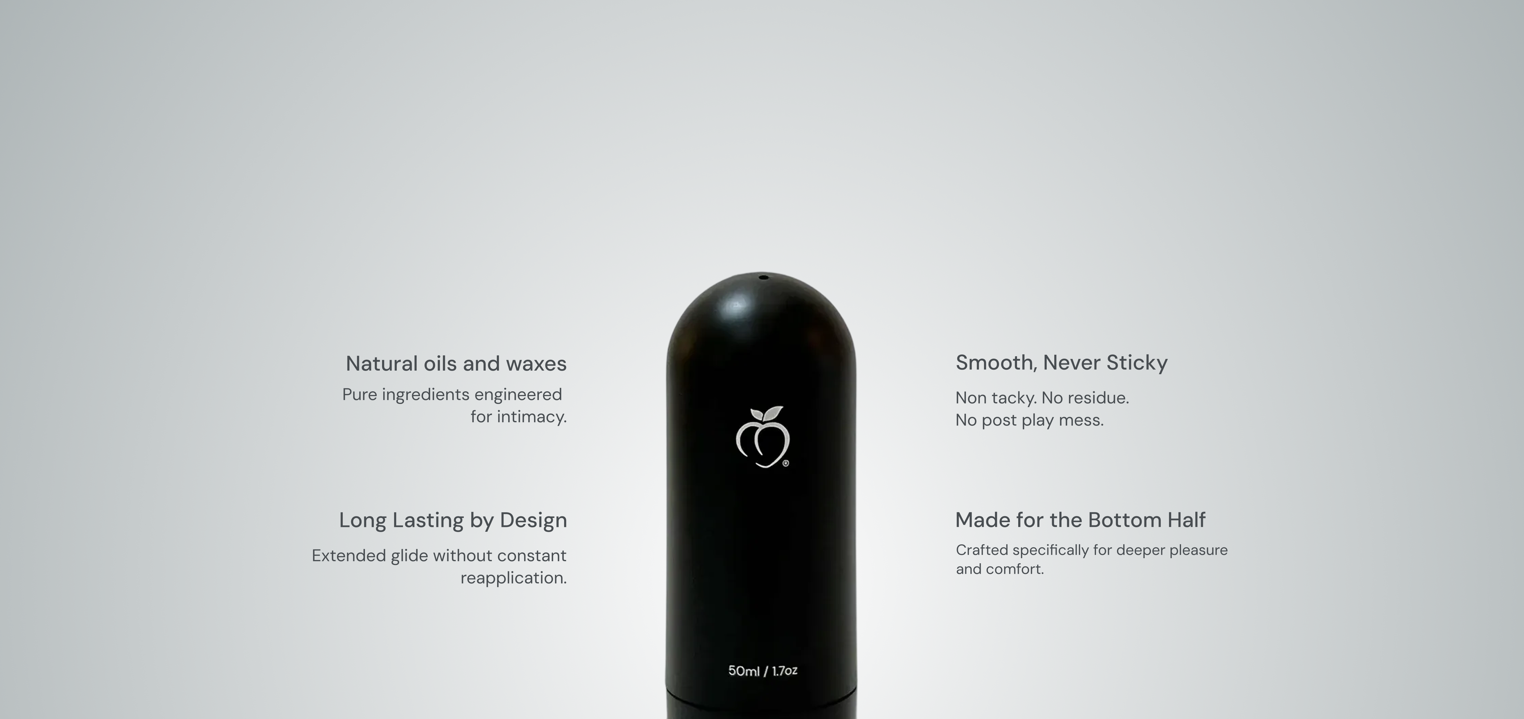 Black BUM OIL bottle on grey background with BUM OIL's features listed