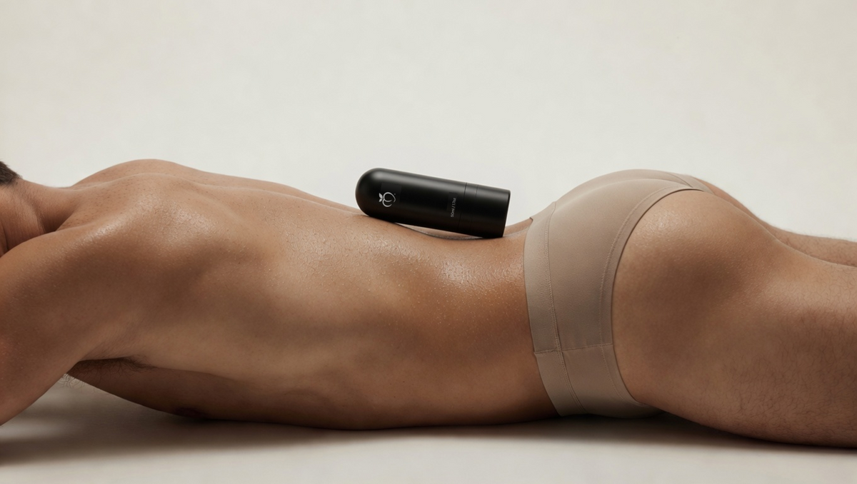 A man wearing beige underwear, lying on his stomach on a white surface, with a black BUM OIL bottle resting on his back.