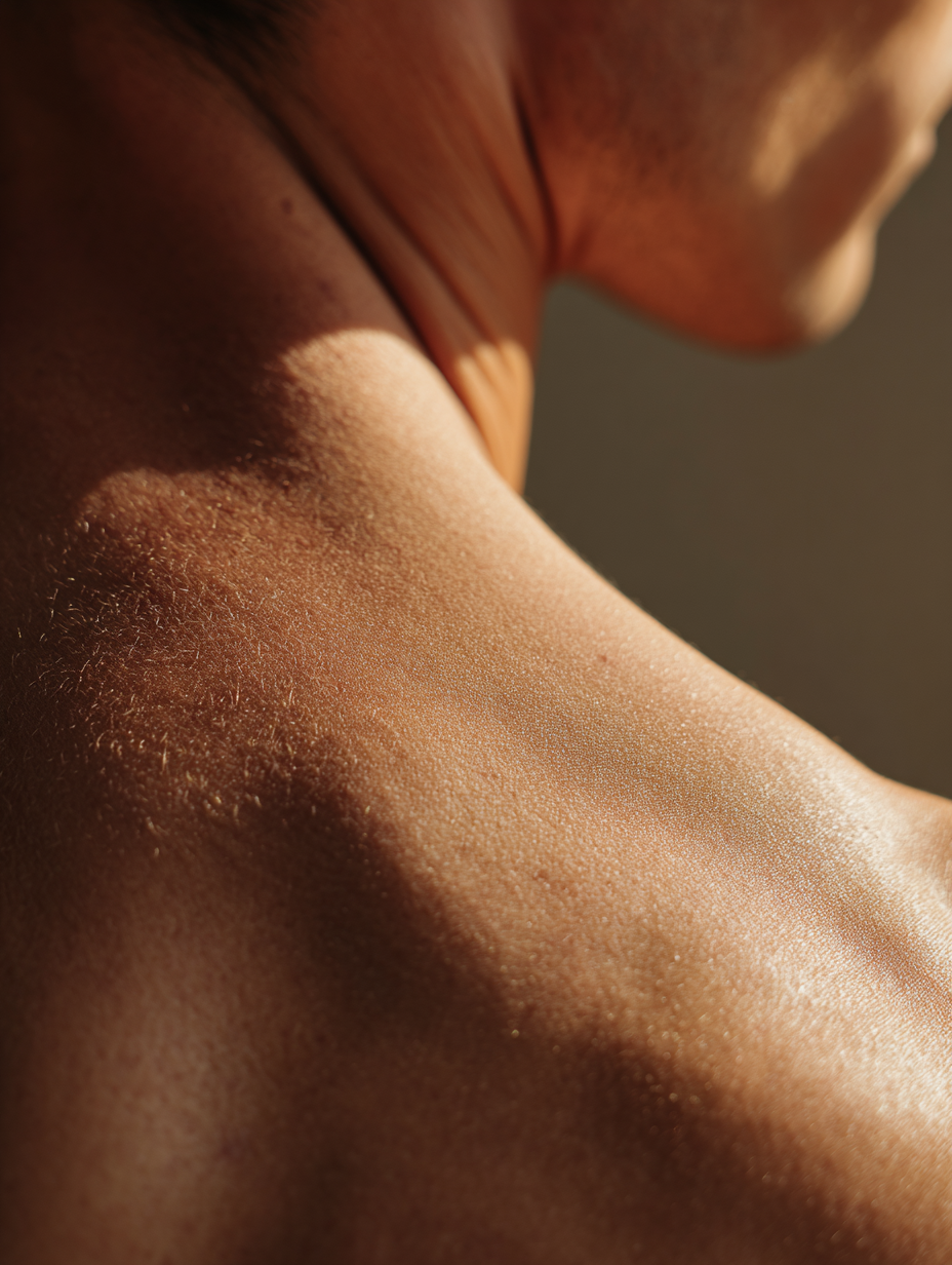 Close-up of a man's neck and shoulder with a blurred background